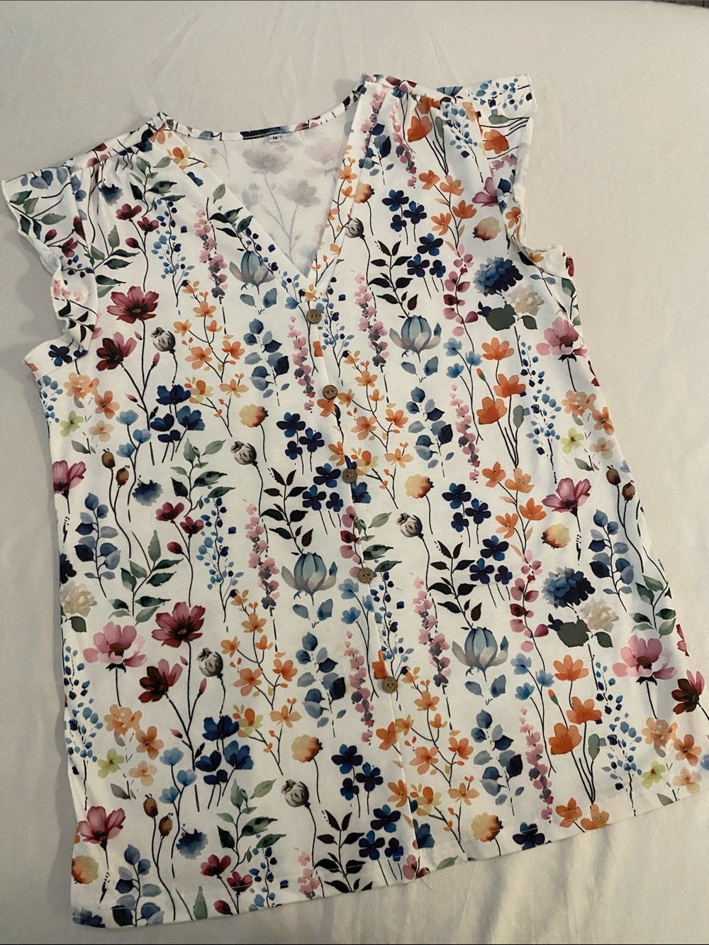 Floral V-Neck Ruffle Sleeve Blouse - White Multi